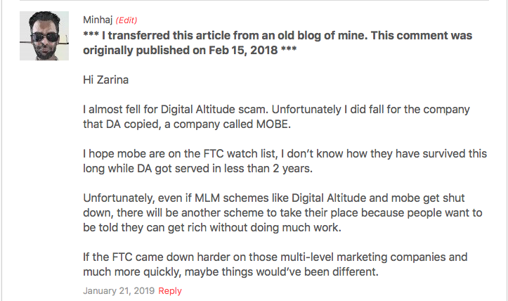 User reviews on Digital Altitude and MOBE scams.