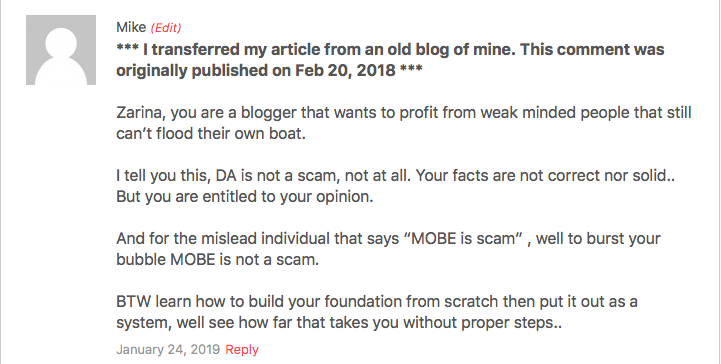 A screenshot of someone claiming that DA and MOBE are not scams (hint: both these programs were shut down by the FTC).